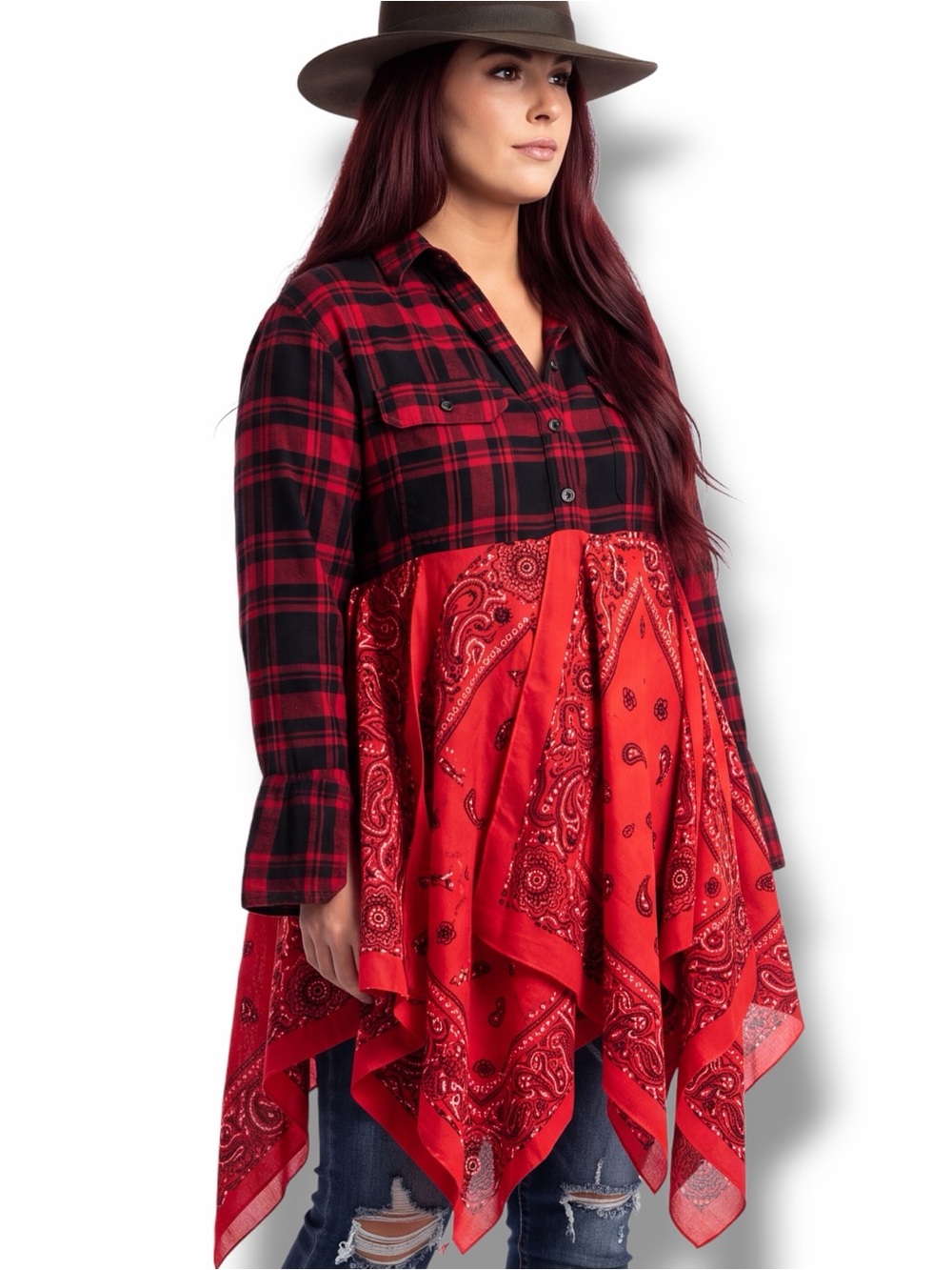 Red Plaid Flannel Bell Sleeve Hanky Hemline Festival Duster Jacket